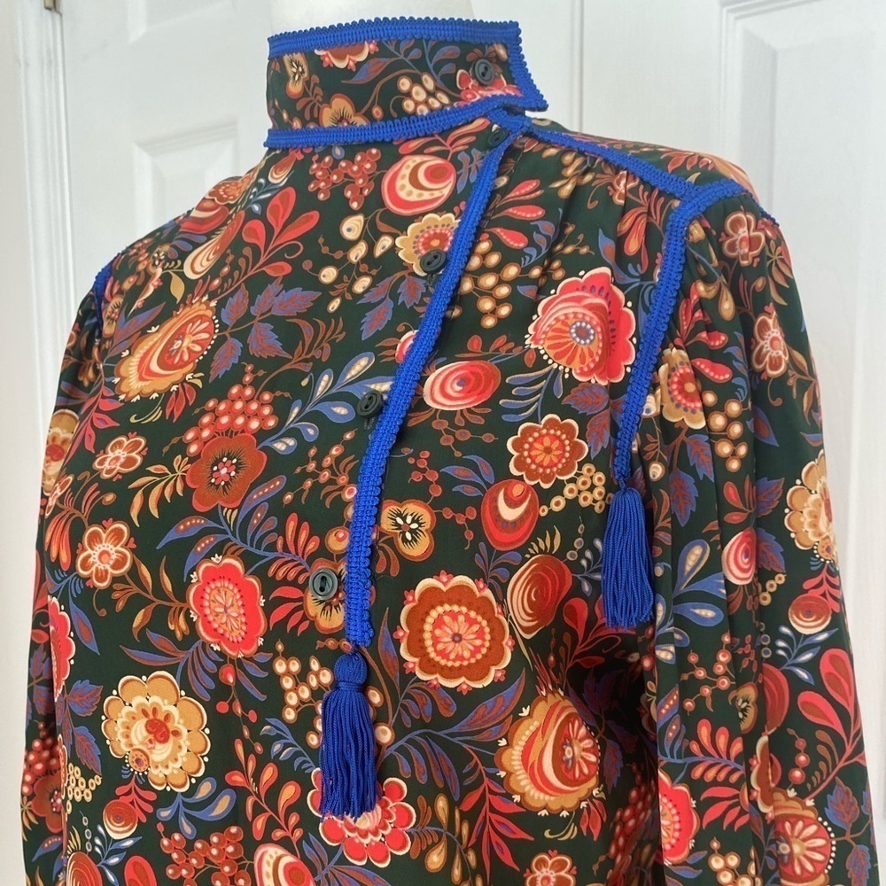 Vintage Silk Floral and Tassel Highneck Blouse - Picture 1 of 11